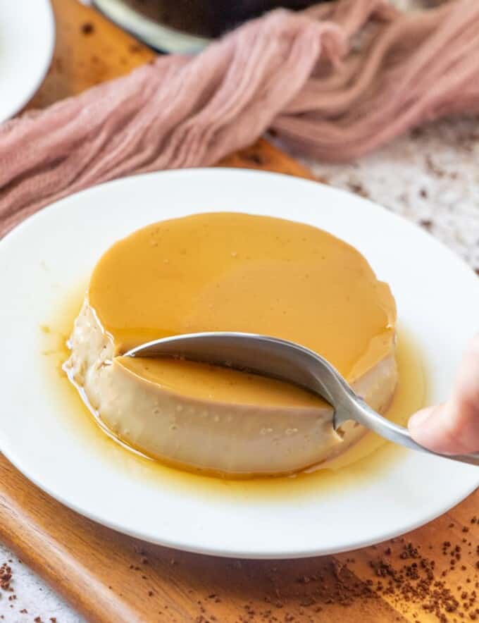 coffee flavored custard on white plate