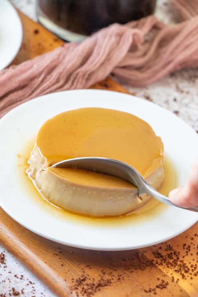 coffee flavored custard on white plate