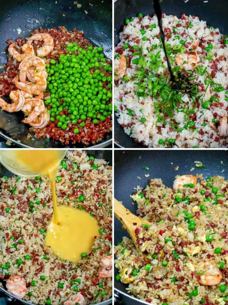 making fried rice with shrimp, green peas, Chinese sausage, and green onions in a pan