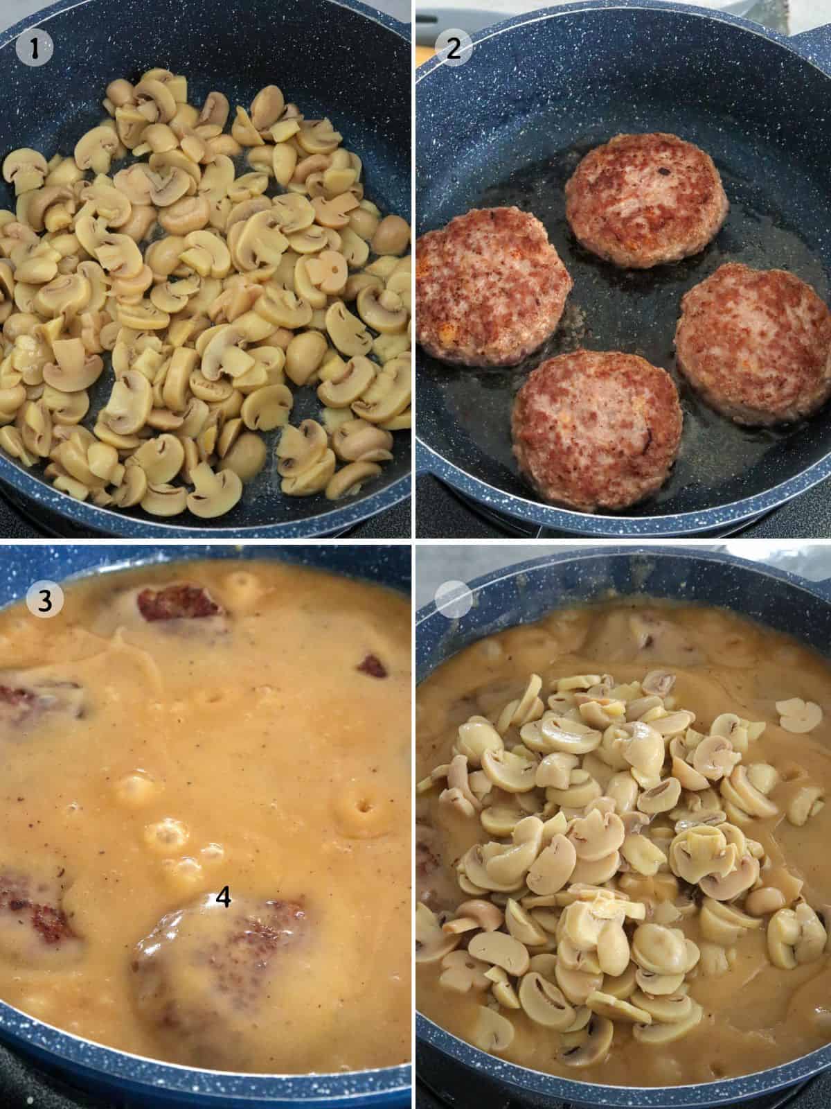 cooking burger steak in pan with mushrooms and gravy.