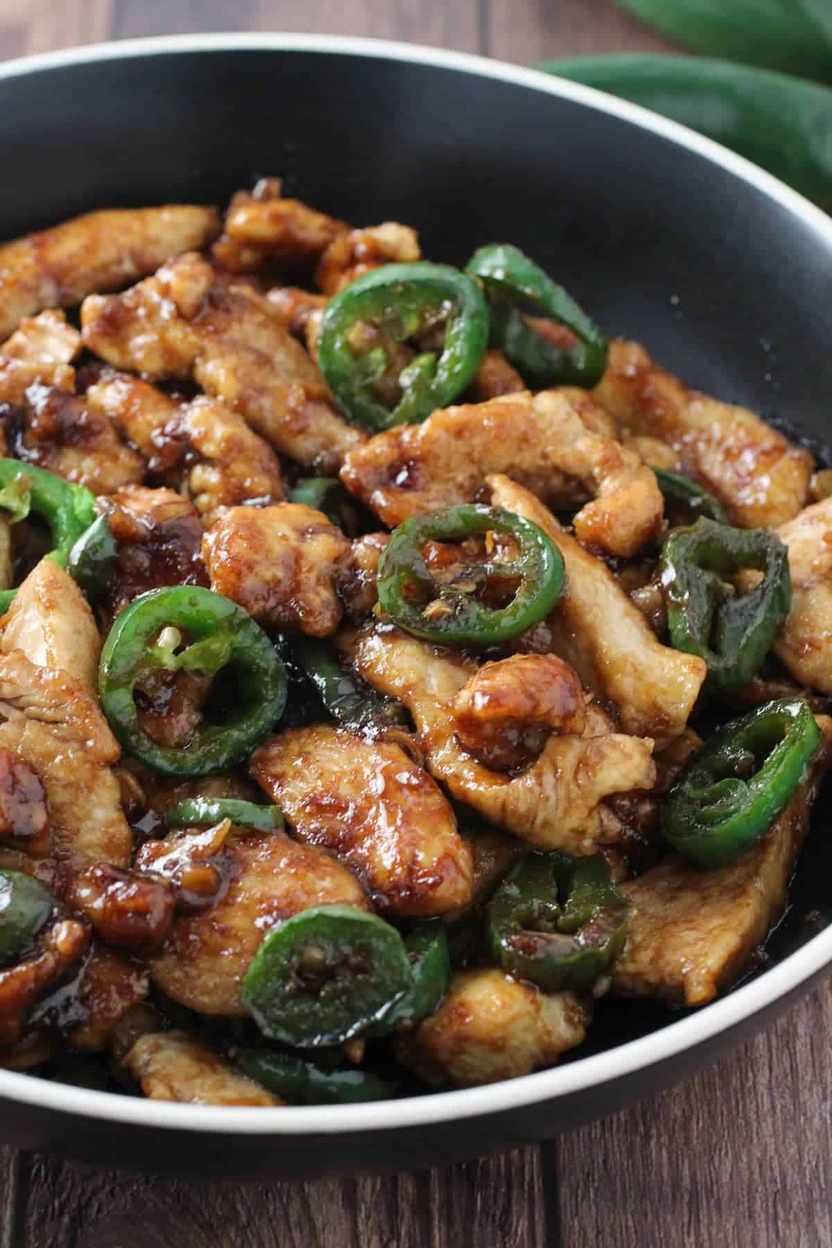 Asian Jalapeno Chicken in a red skillet