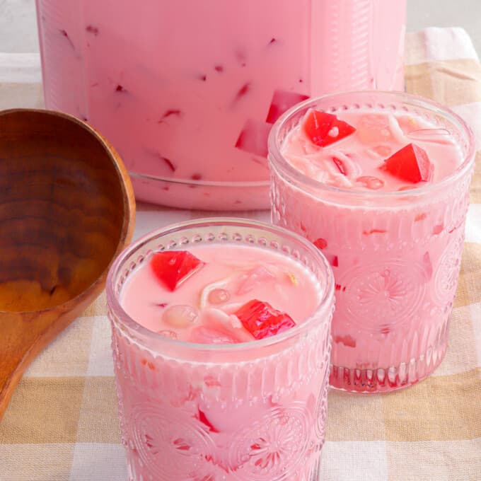 Buko Salad Drink in glasses and jar.