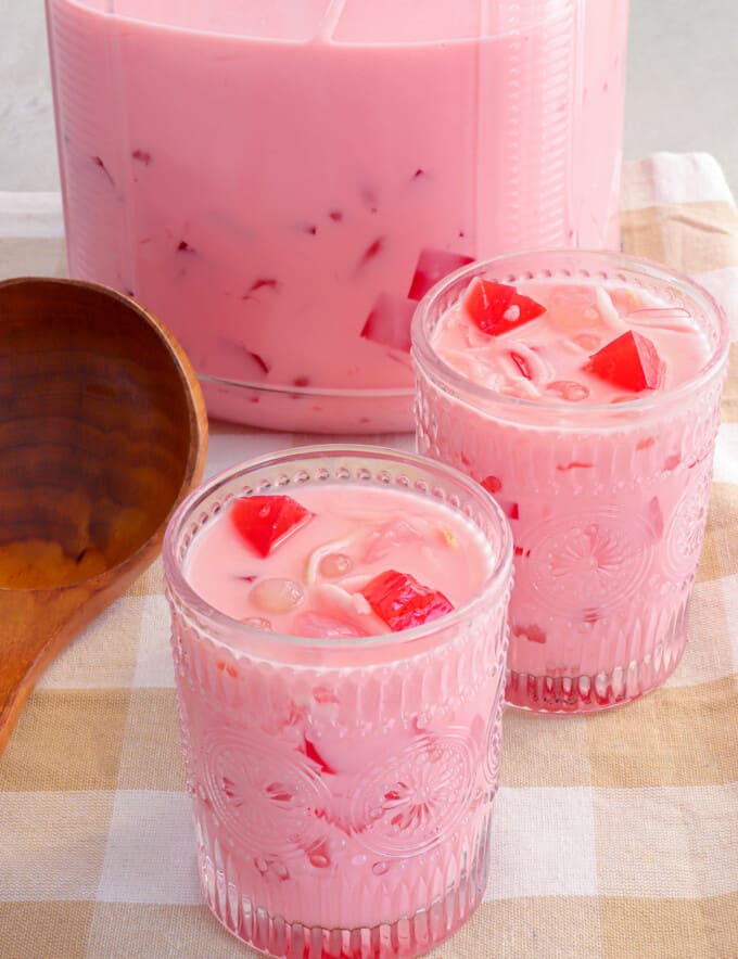 Buko Salad Drink in glasses and jar.