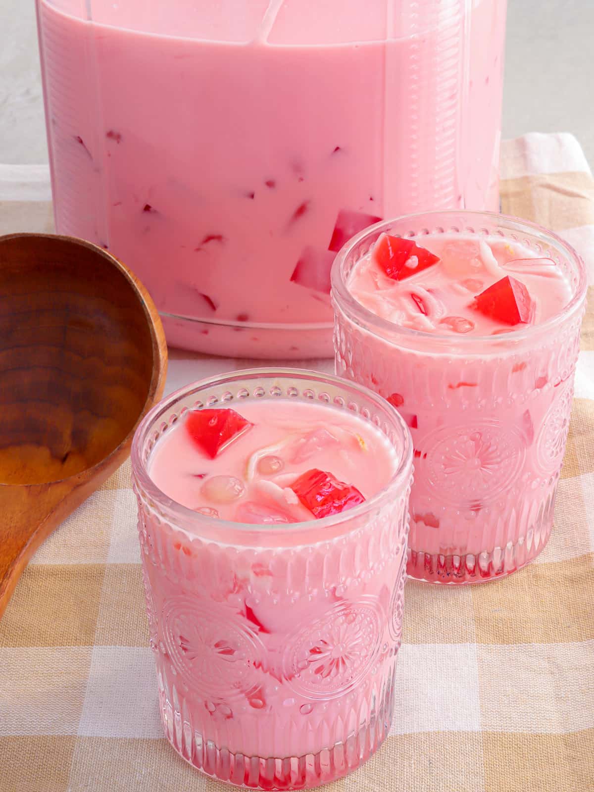 Buko Salad Drink in glasses and jar.