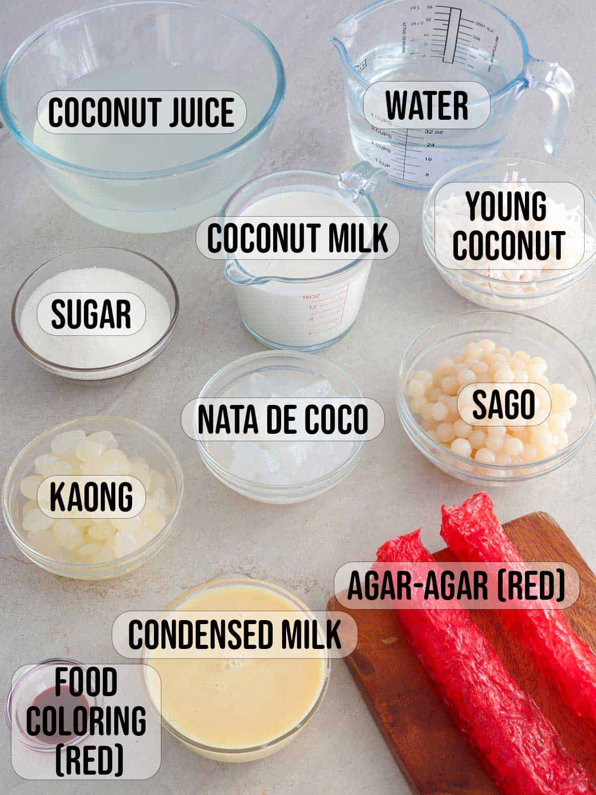 coconut juice, coconut milk, condensed milk, agar-agar bars, sugar, kaong, nata de coco, buko, food coloring, sago in bowls.