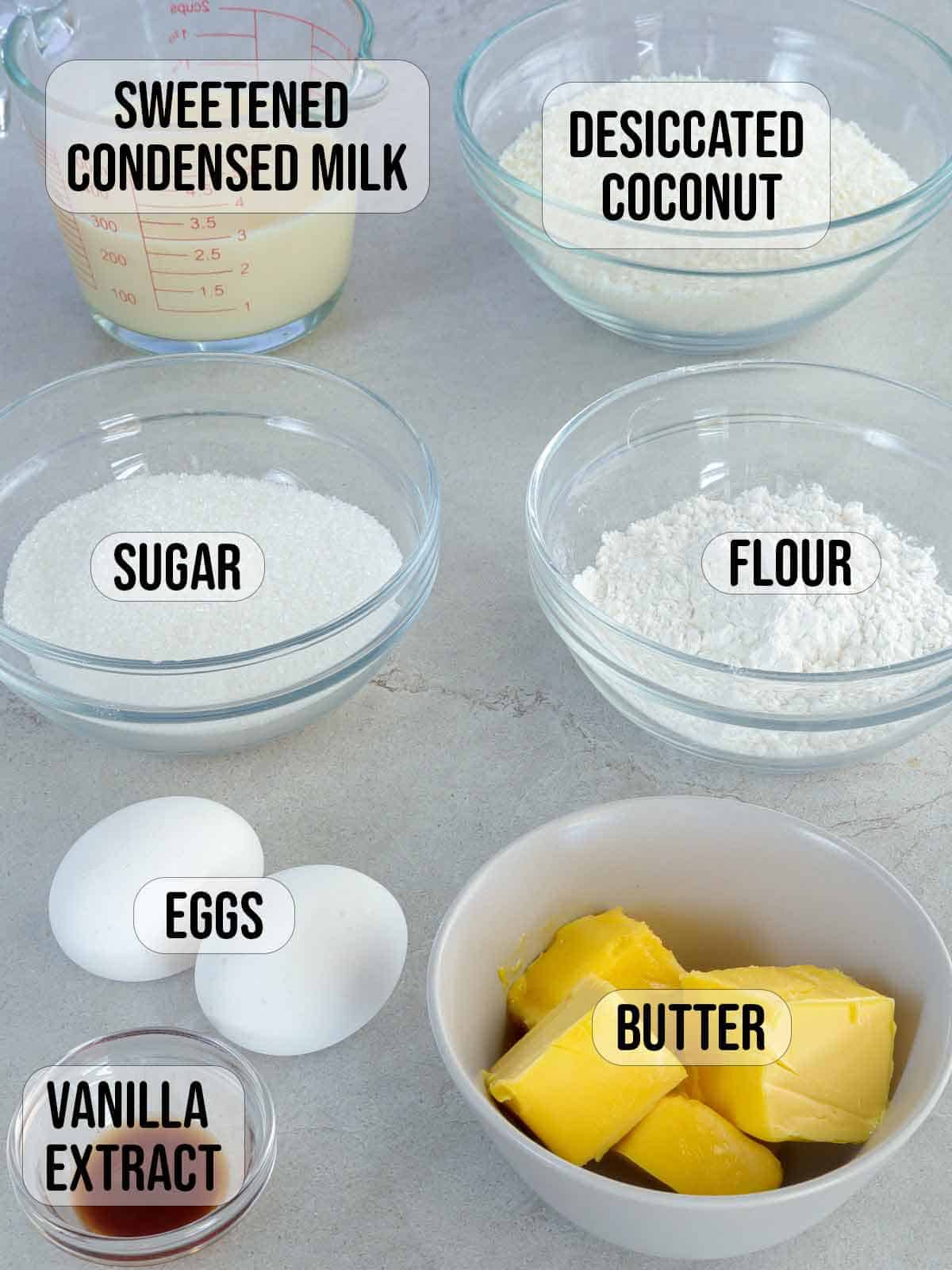 condensed milk, dessicated coconut, sugar, flour, eggs, butter, vanilla extract in bowls.