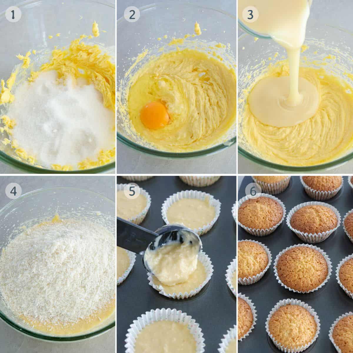 making Filipino coconut macaroon batter in a bowl and baking in a muffin tin.