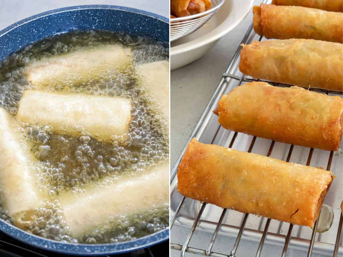 deep-frying lumpia until golden brown and draining on a wire rack.