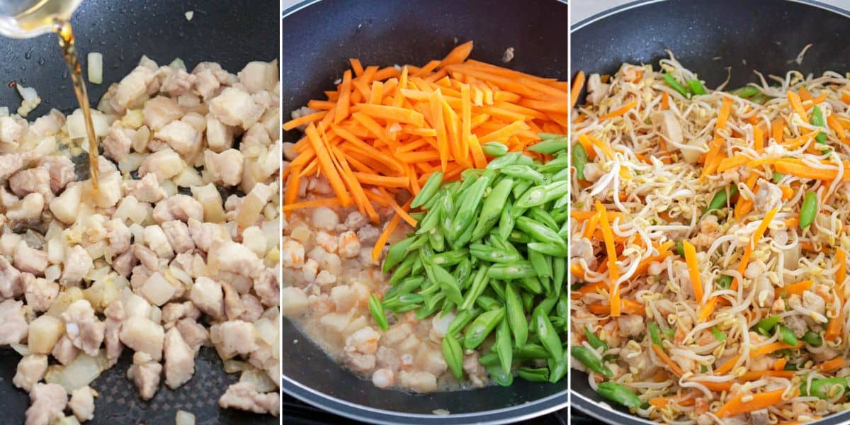cooking lumpia filling with bean sprouts, green beans, carrots, pork, and shrimp in a pan.
