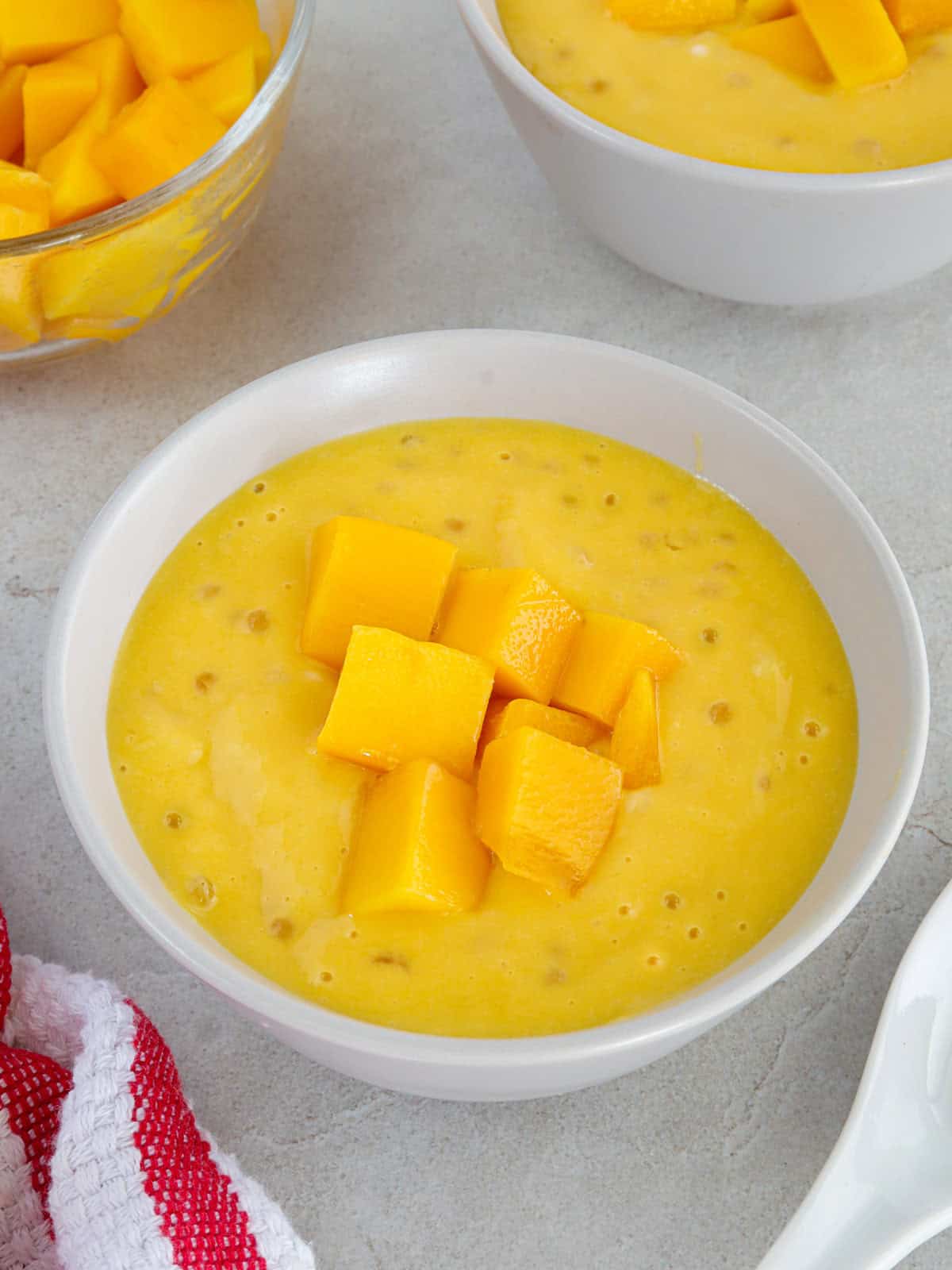 Mango tapioca dessert in a white bowl topped with fresh mango cubes.