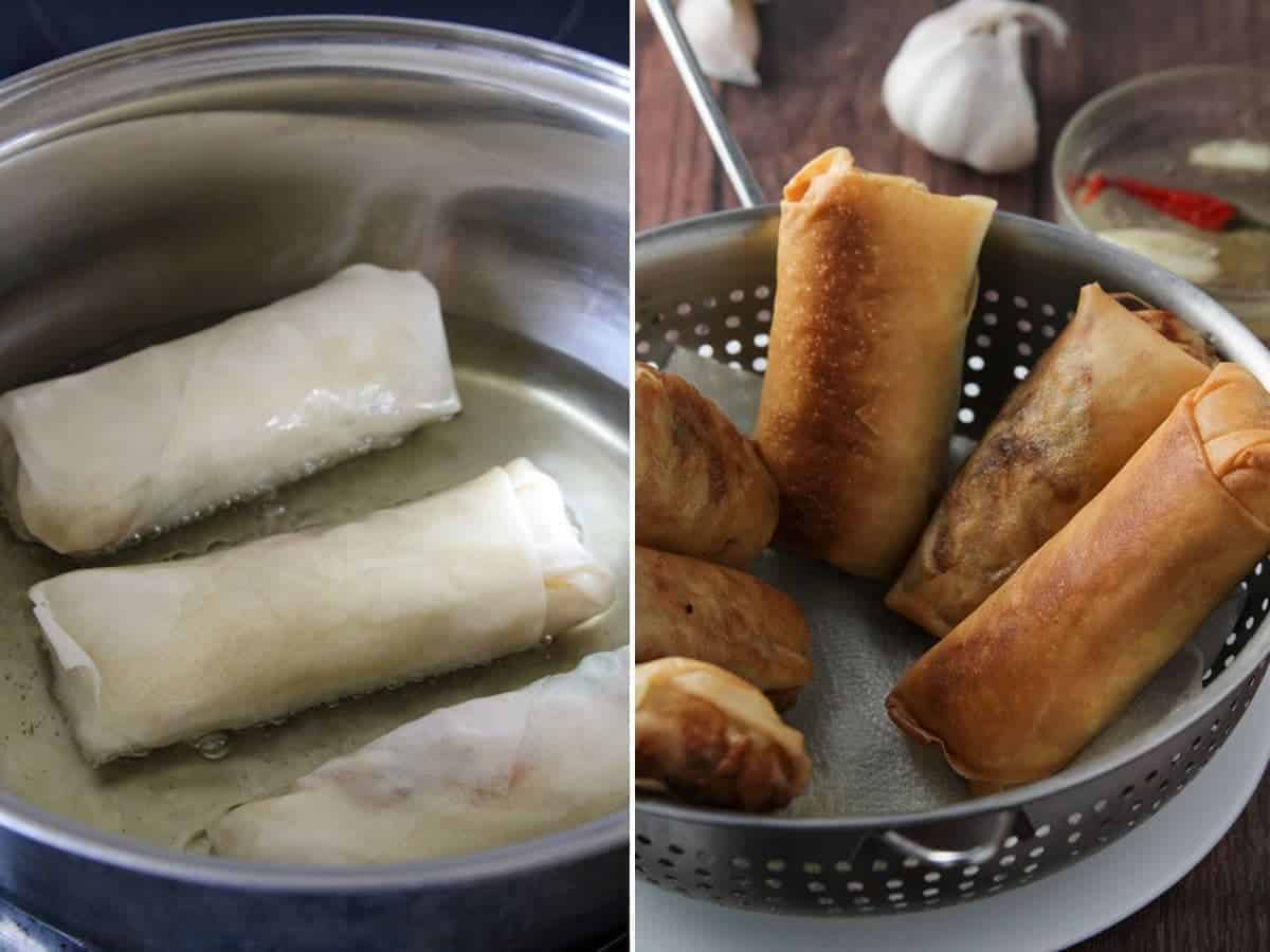 frying lumpiang togue until golden brown and draining in a colander