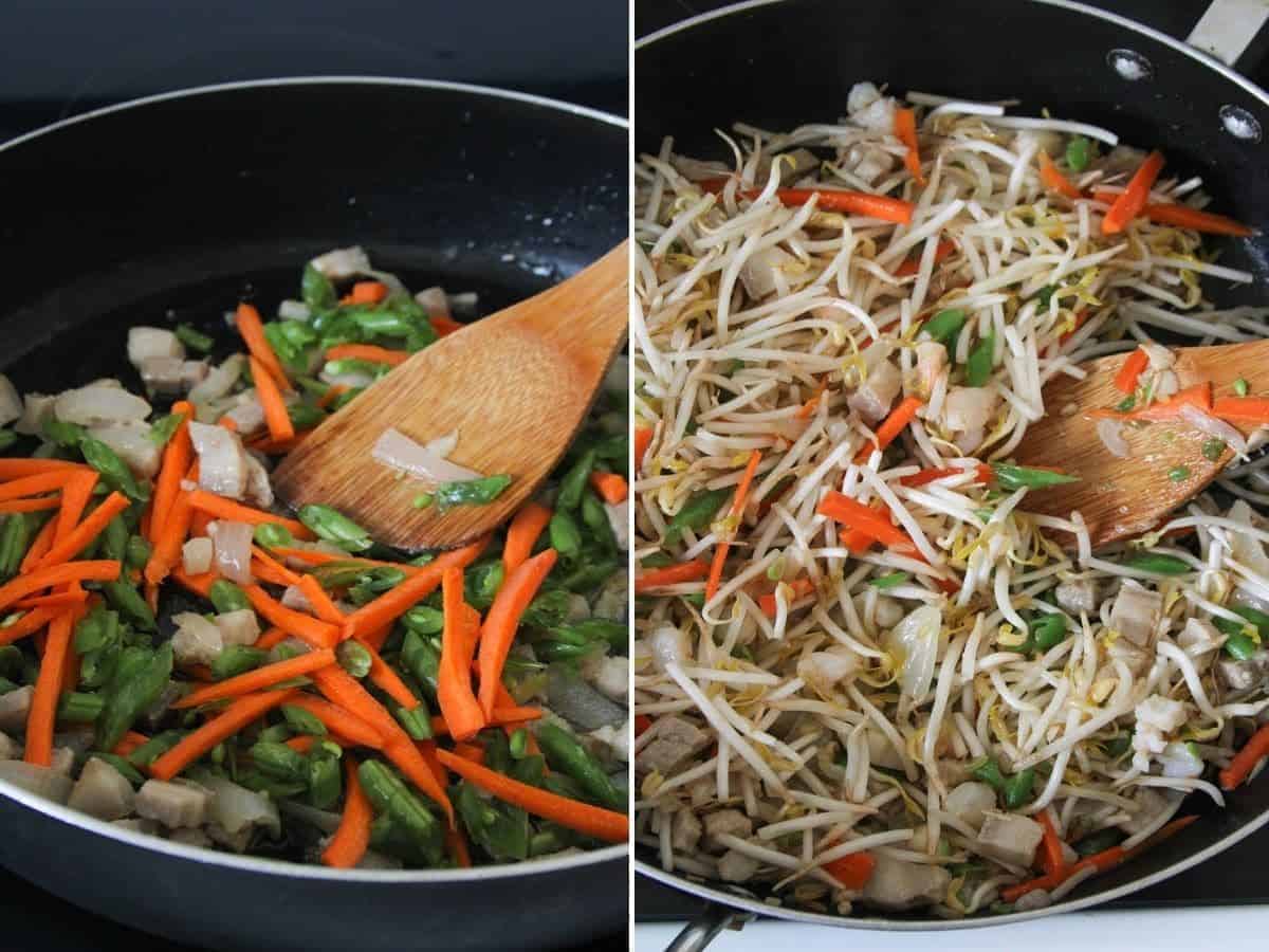 stir-fried lumpia filling with bean sprouts, green beans, carrots, pork and shrimp in a wide skillet
