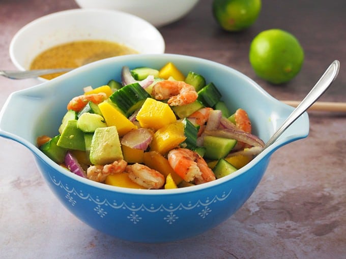 mango and avocado salad with grilled shrimp and cucumber