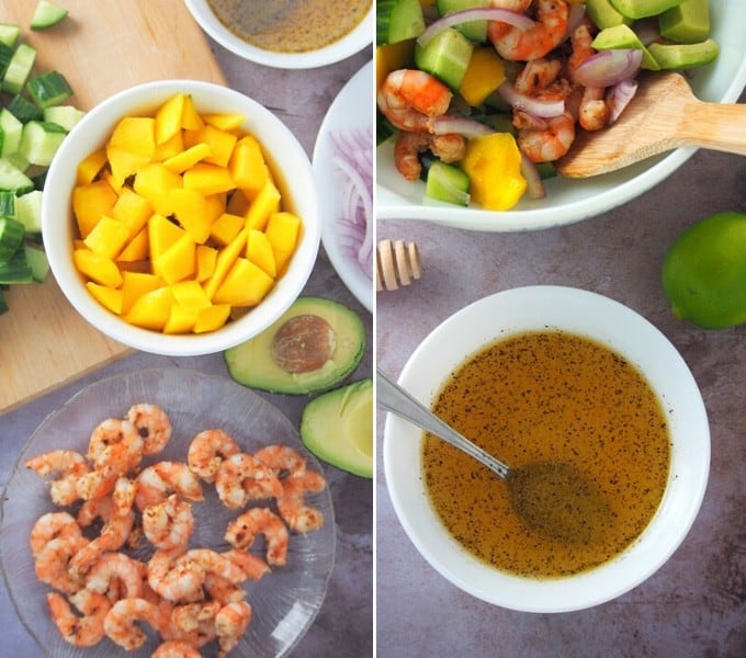 mangoes, grilled shrimp, avocados, red onions, cucumbes on a chopping board with honey-lime dressing