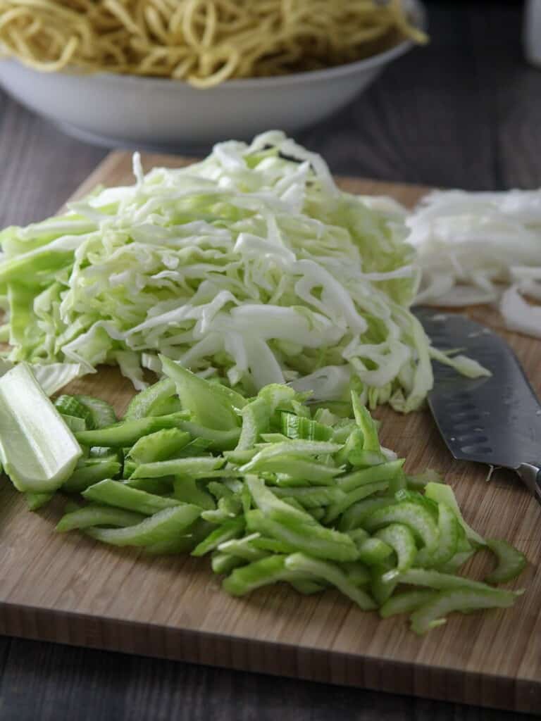 sliced celery, shredded cabbage, sliced onions, and dry Asian noodles