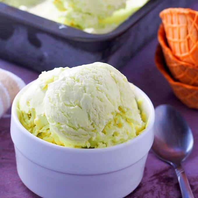 Avocado Ice Cream in a white serving bowl