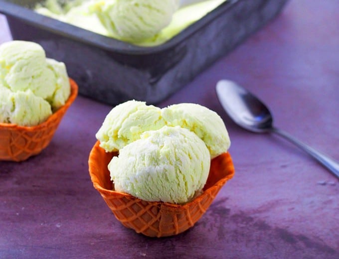 scoops of Avocado Ice Cream in waffle bowls