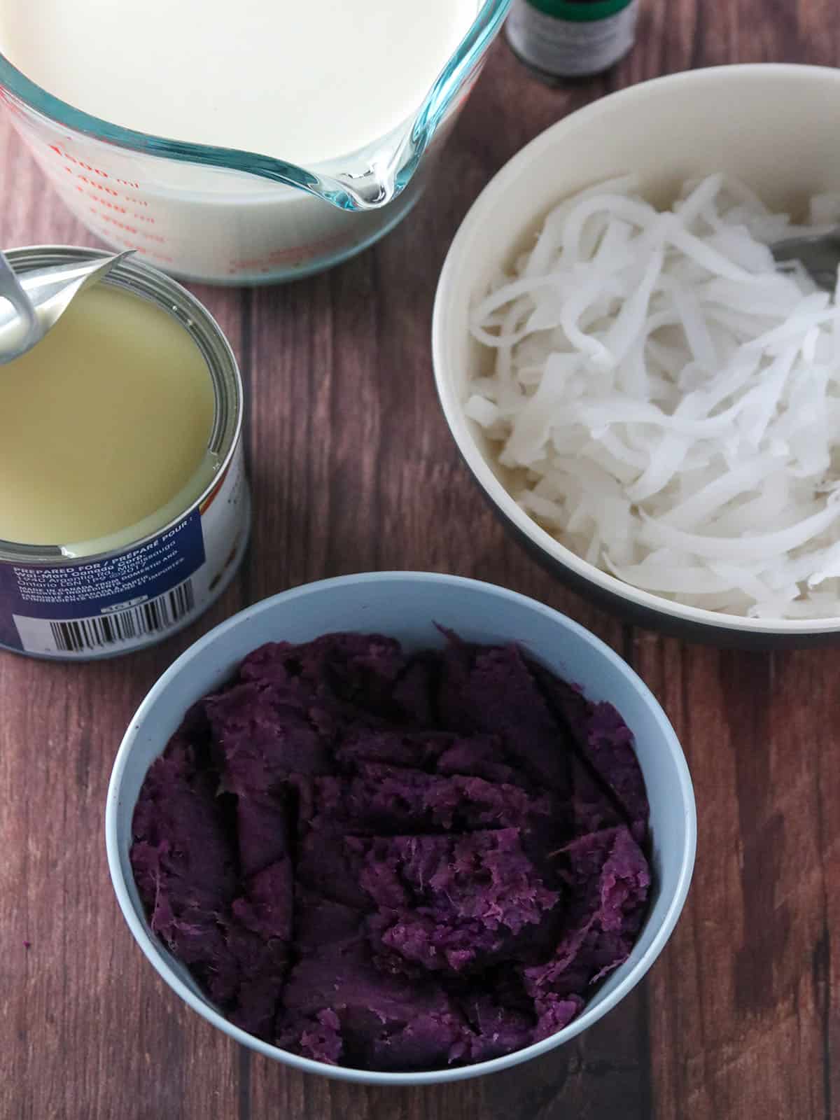 mashed ube, macapuno strings, condensed milk, heavy cream, ube extract