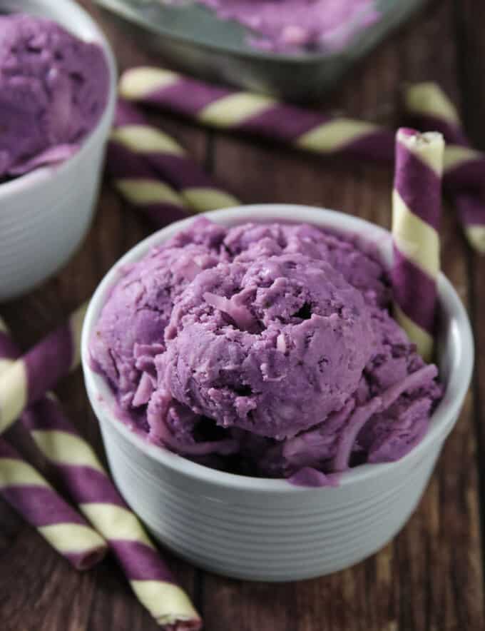 Ube Macapuno Ice Cream in white serving bowls