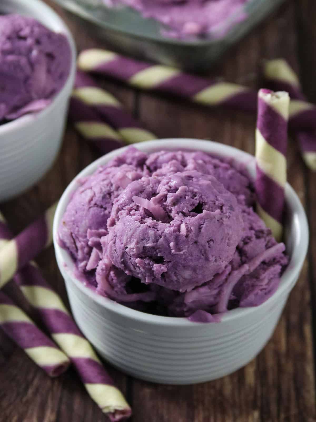 Ube Macapuno Ice Cream in white serving bowls