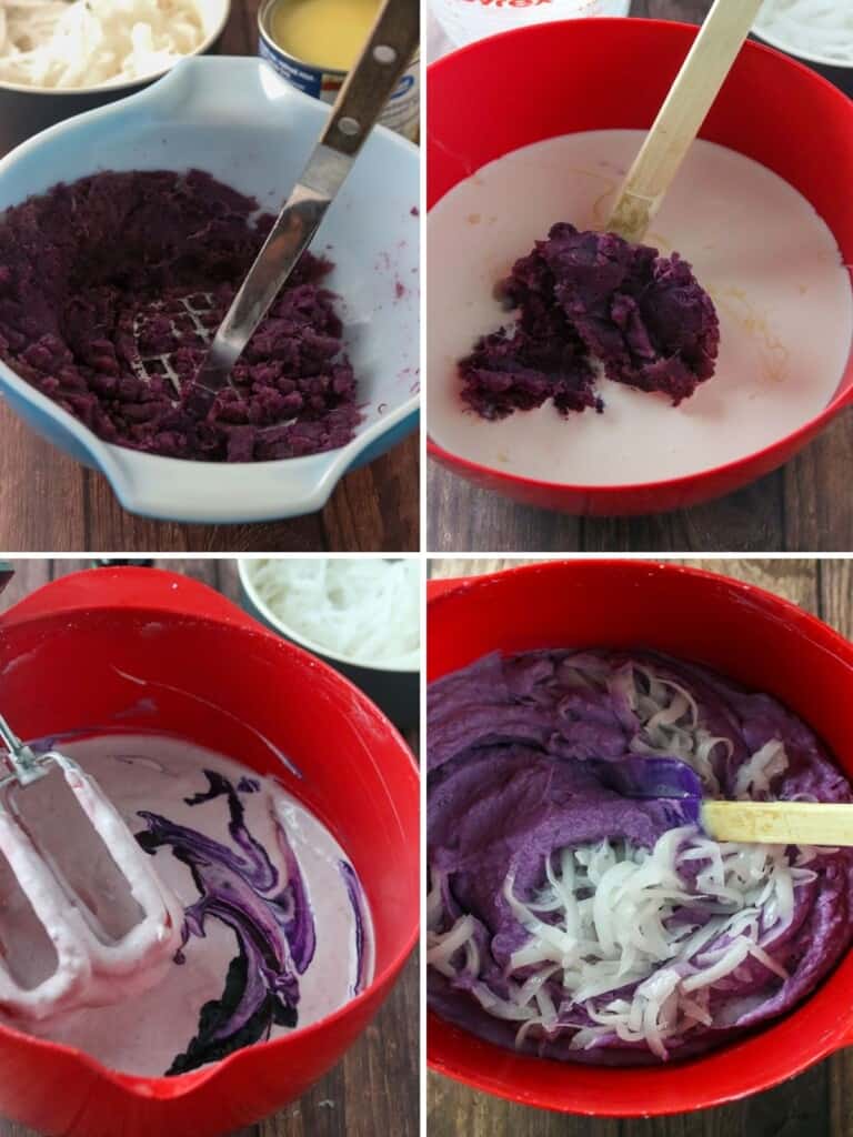 making ube ice cream in a bowl