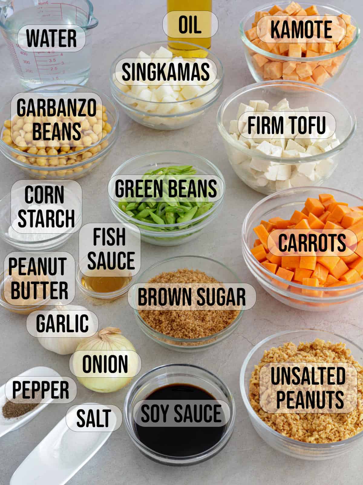 lumpiang hubad vegetable filling ingredients in bowls.