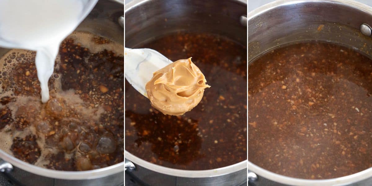 making garlicky peanut sauce for lumpia sariwa in a pot.