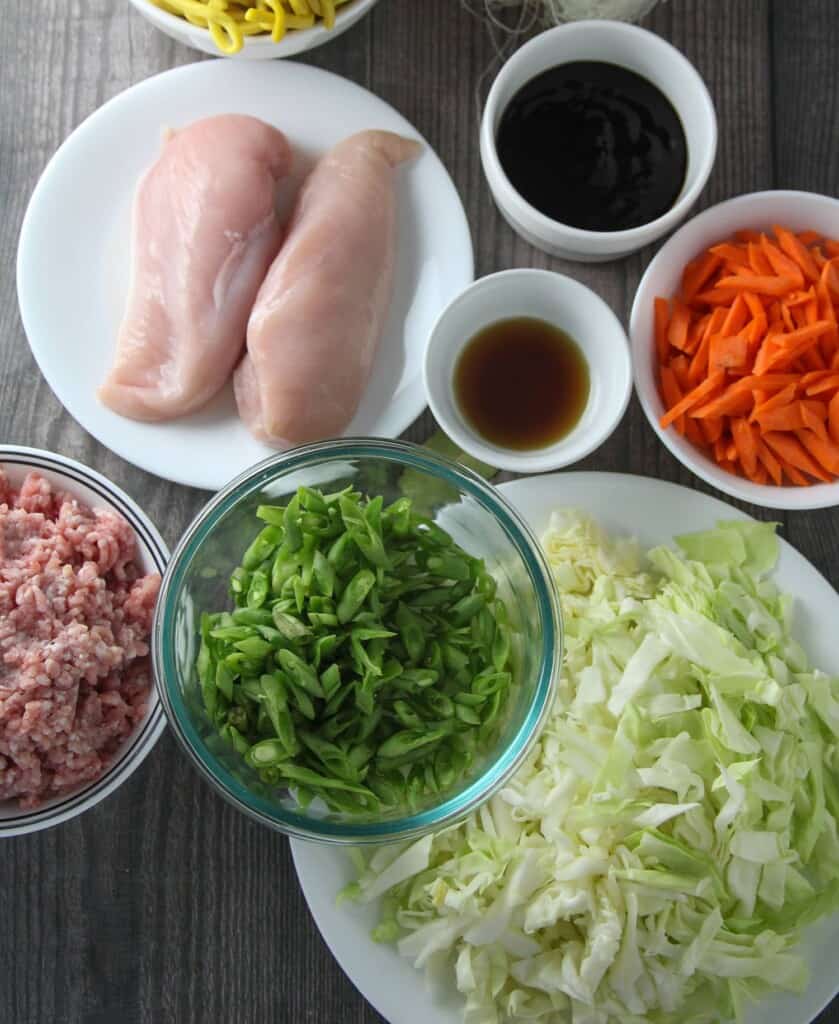 ground pork, chicken, shredded cabbage, julienned carrots, sliced green beans, oyster sauce