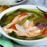 salmon and vegetable sour soup in a bowl