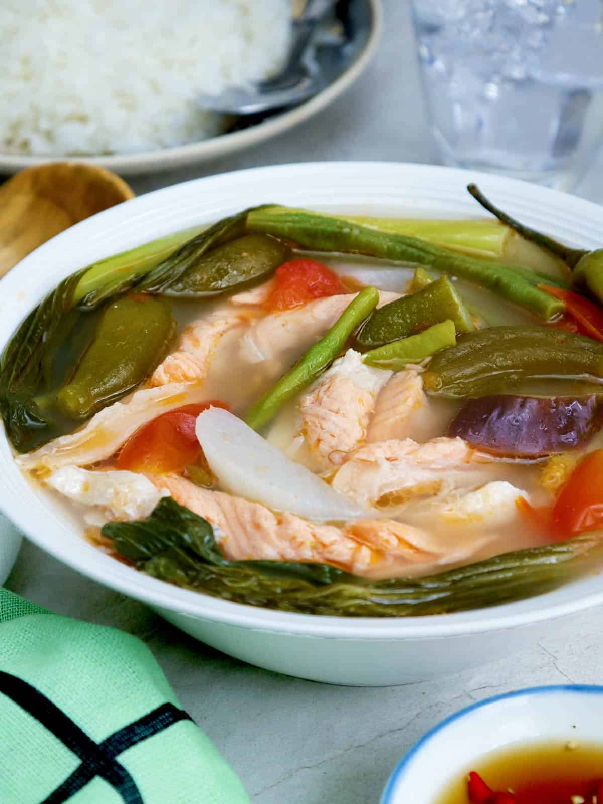 salmon and vegetable sour soup in a bowl