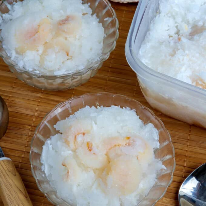 frozen Buko Lychee Sorbet in bowls.