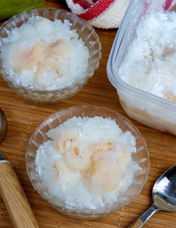 frozen Buko Lychee Sorbet in bowls.