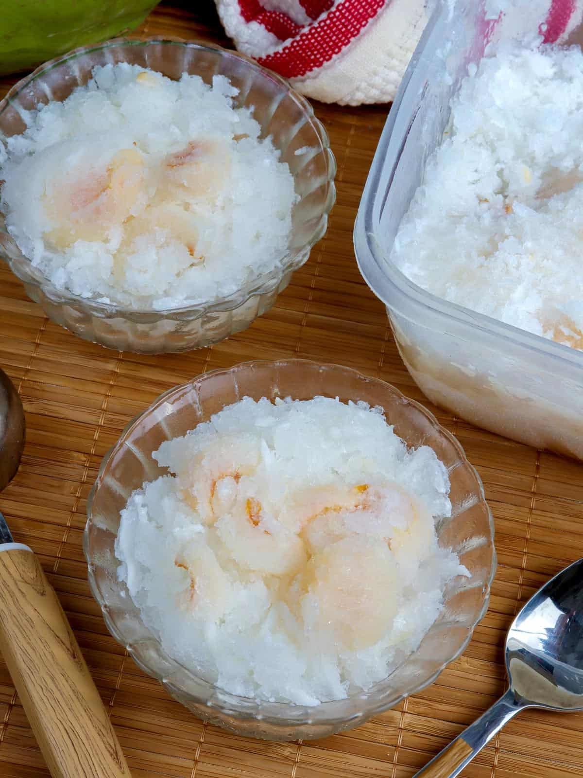 frozen Buko Lychee Sorbet in bowls.