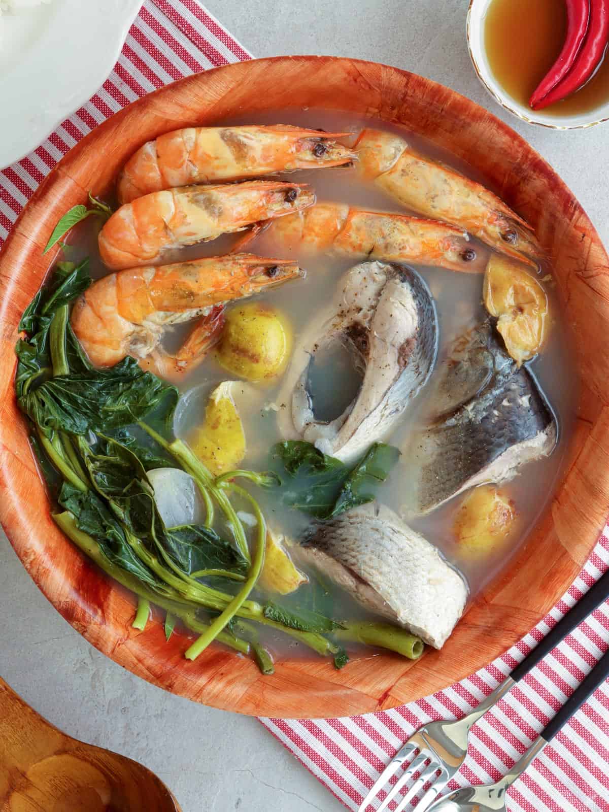 Bulanglang na Bangus at Hipon in a wooden serving bowl