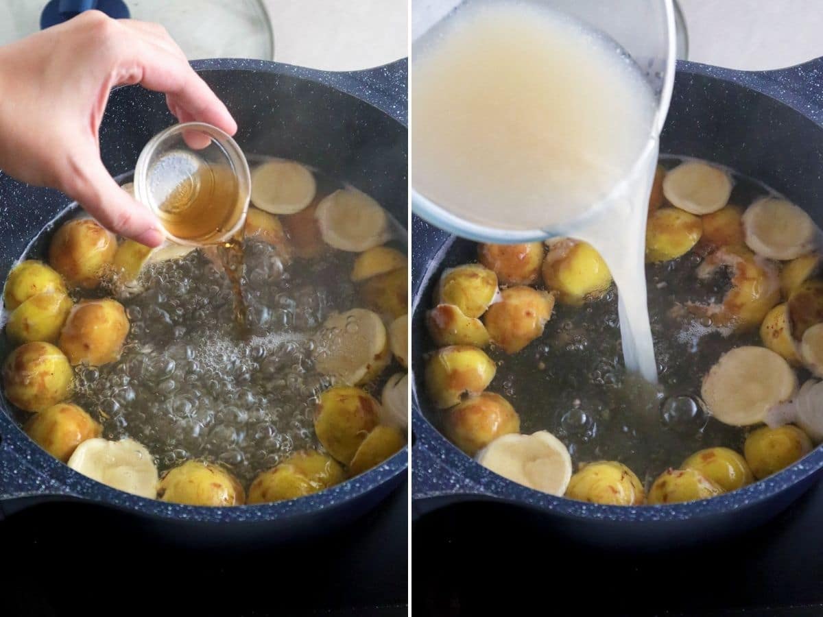 pouring fish sauce and guava juice in a pot