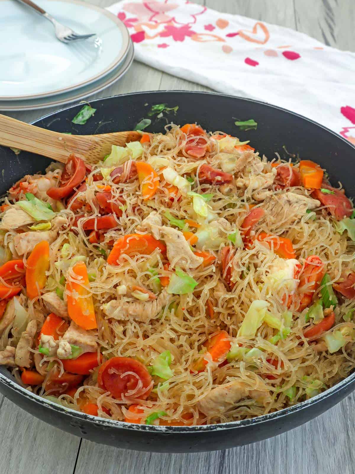 Pancit bihon cooked in a pan