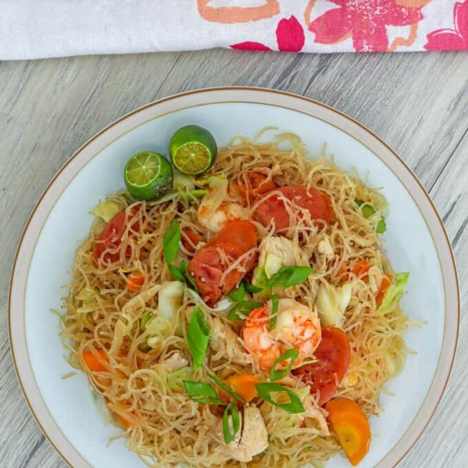 bihon guisado on a white serving plate