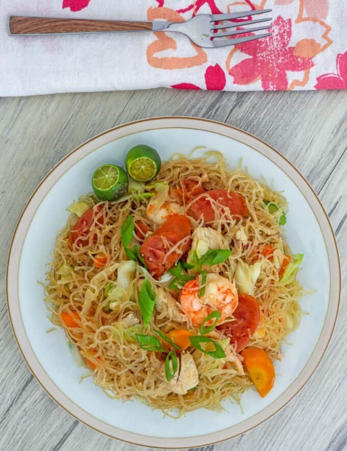 bihon guisado on a white serving plate