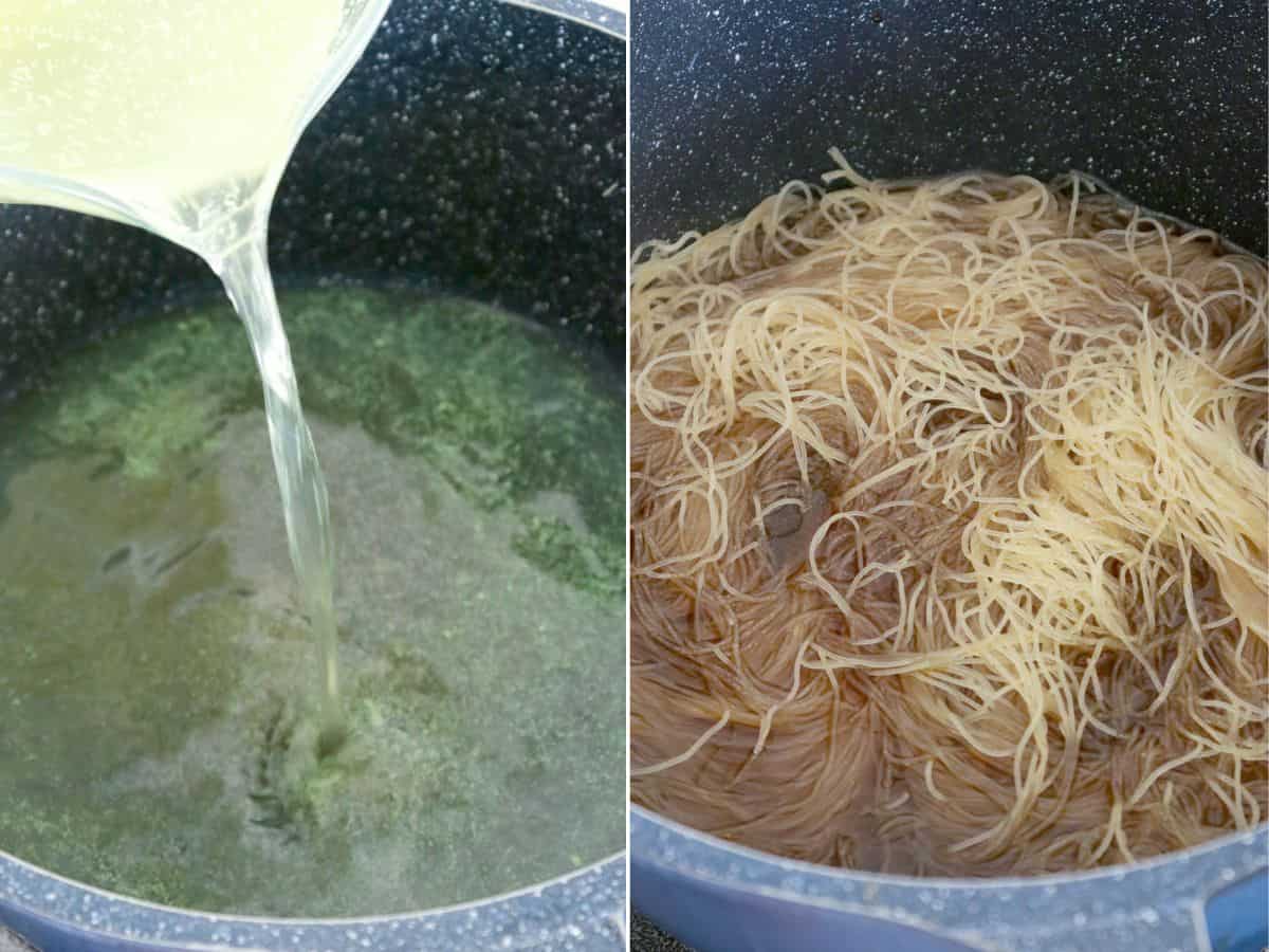 blanching bihon noodles in broth.
