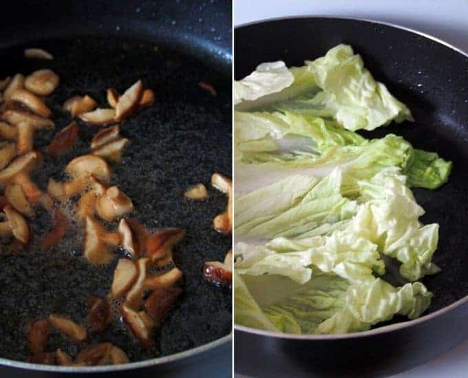 sauteeing mushrooms and Chinese vegetables in a skillet