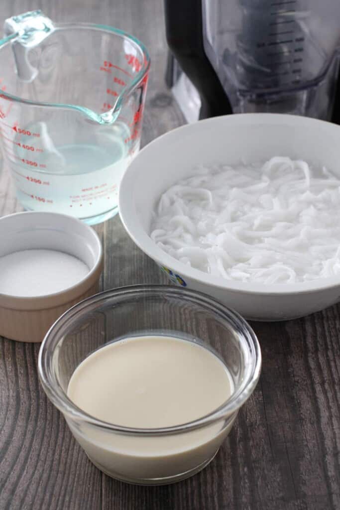 shredded young coconut, evaporated milk, sugar, water