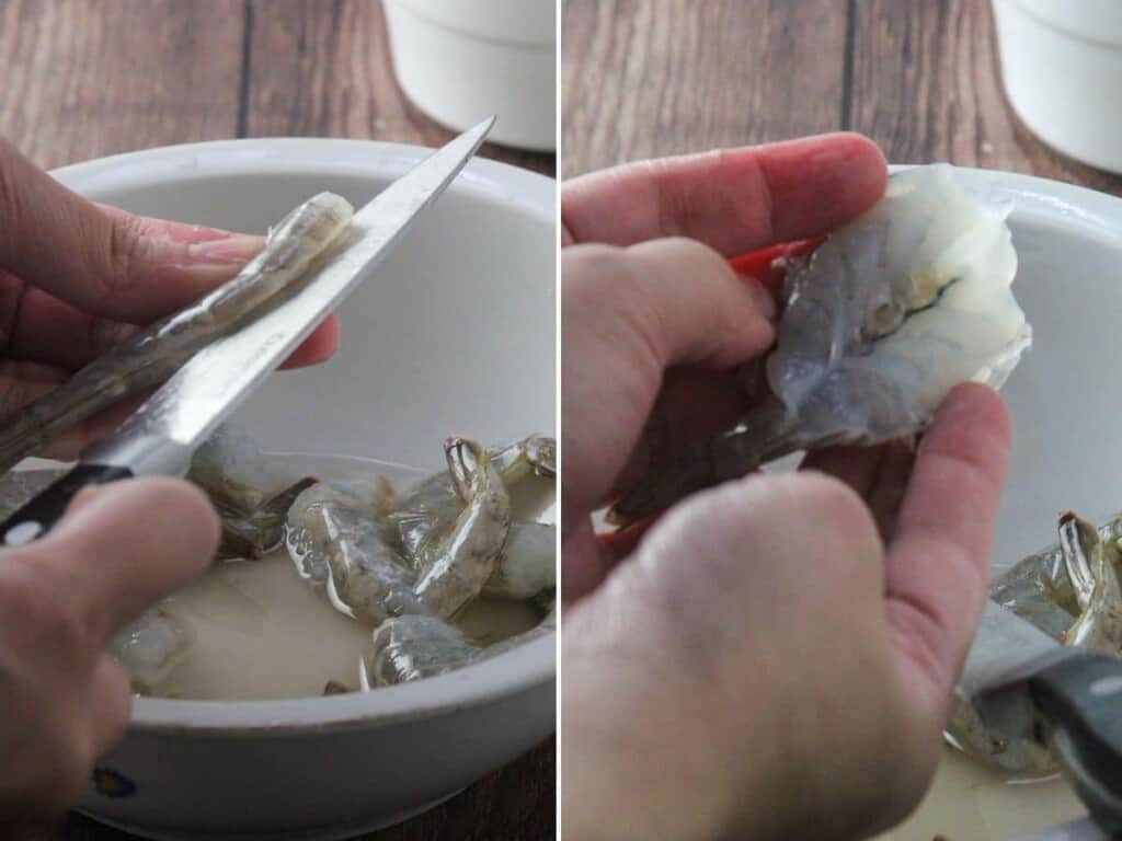 butterflying shrimp with a knife