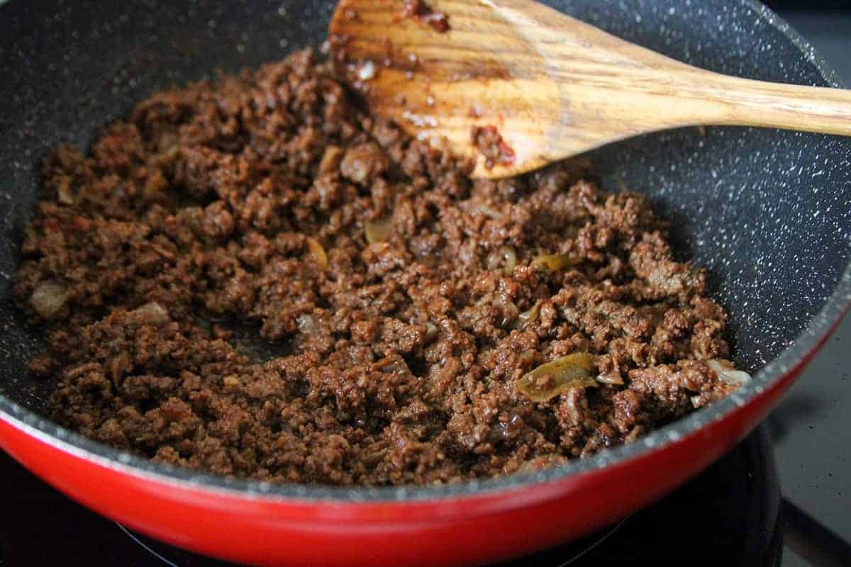 cooked taco ground beef in a skillet