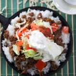 Japanese taco rice in a cast-iron skillet