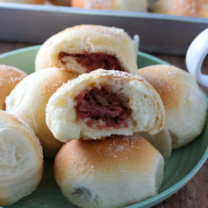 pandesal with corned beef filling on a serving platter