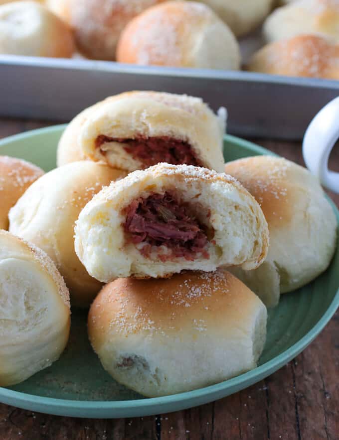 pandesal with corned beef filling on a serving platter