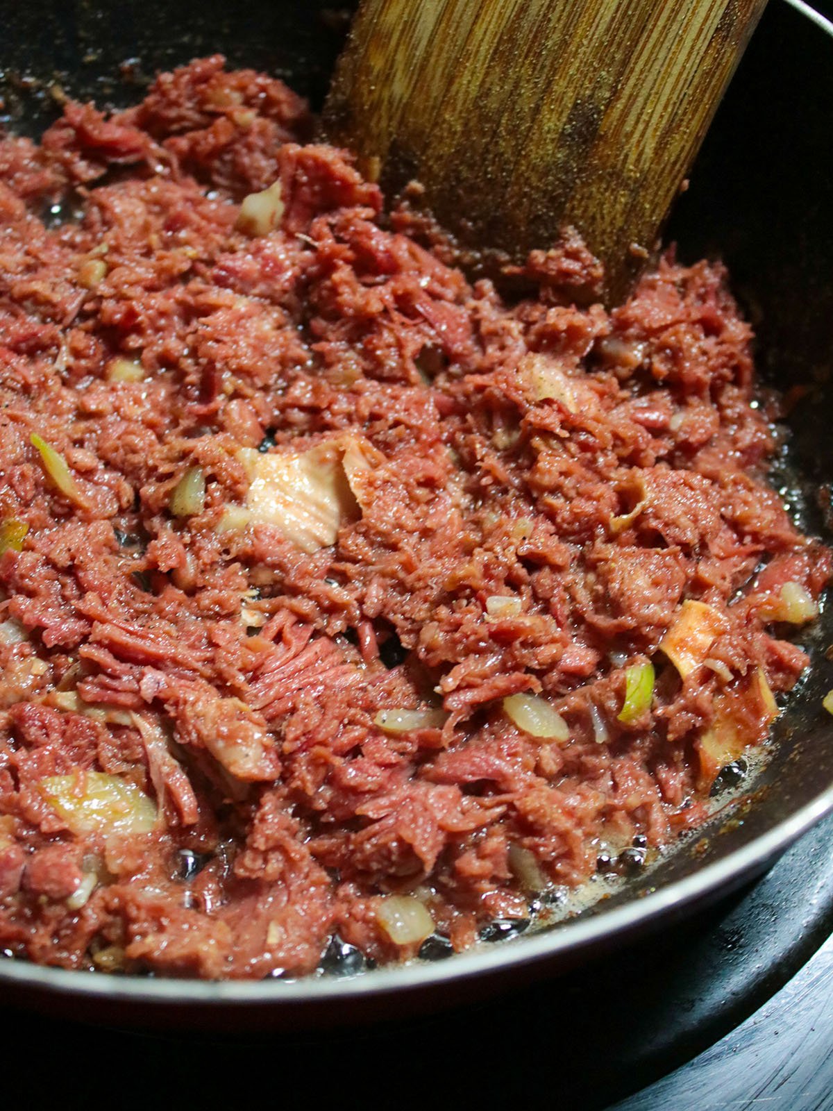 sauteed corned beef in a pan