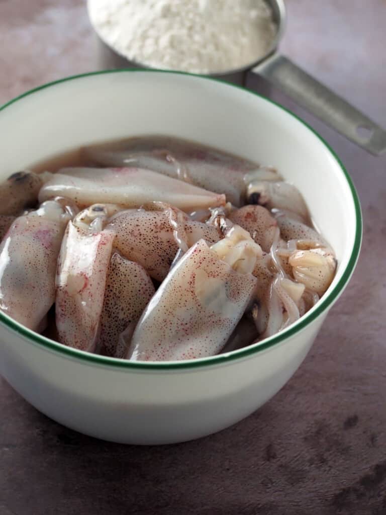 raw squid in a white bowl