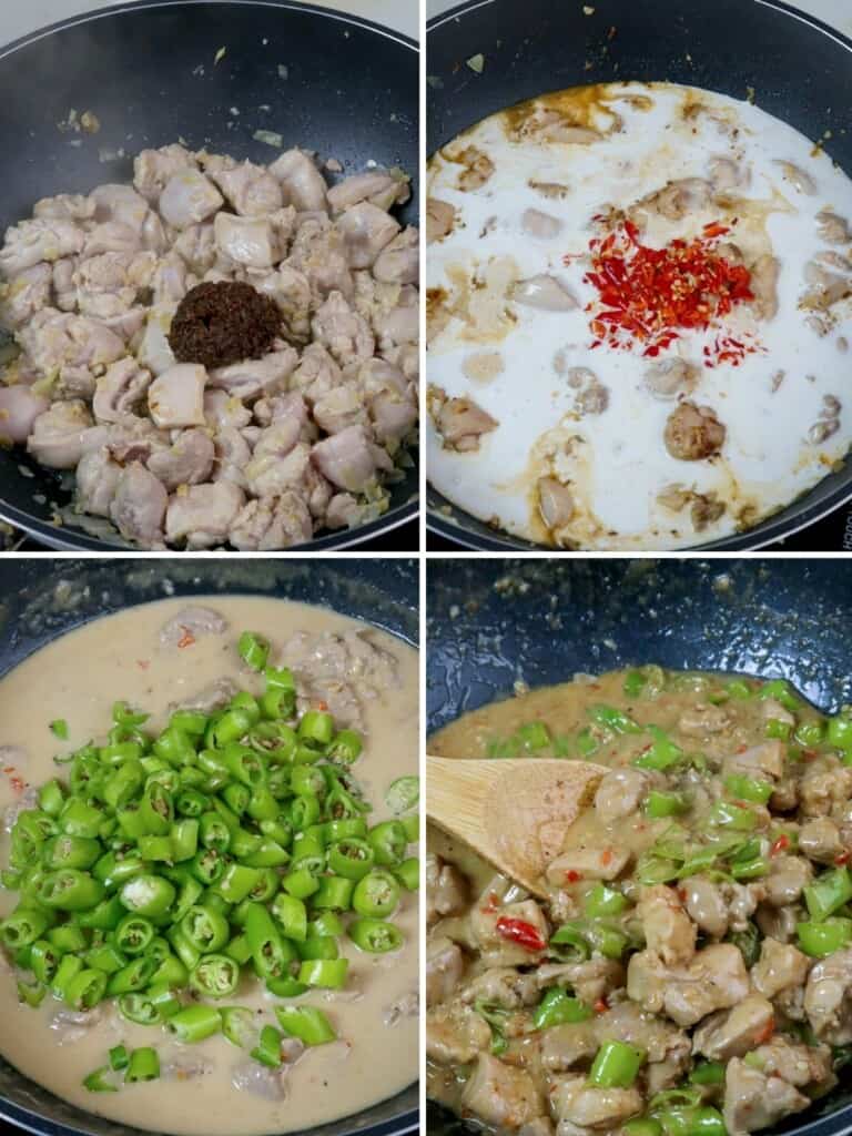 cooking bicol express using chicken in a pan