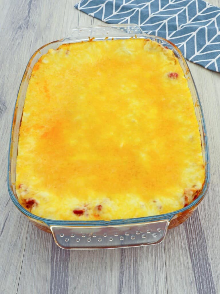 baked cheesy lasagna in baking dish